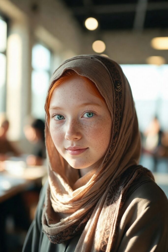 Young woman wearing a hijab in a community space
