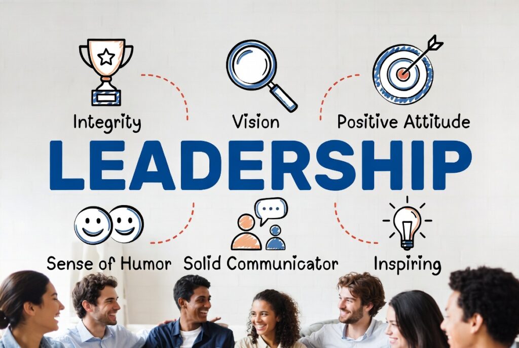 Leadership infographic showing the qualities of a leader: Integrity, Vision, Positive Attitude, Sense of Humour, Solid Communicator and Inspiring