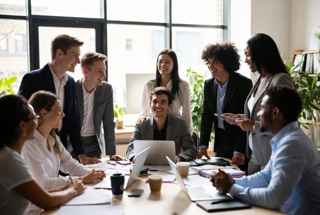 Diverse group of young professionals collaborating around a table in a modern office